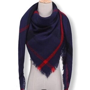 Navy Blue Red Black Plaid Scarf Wrap Triangle Bee